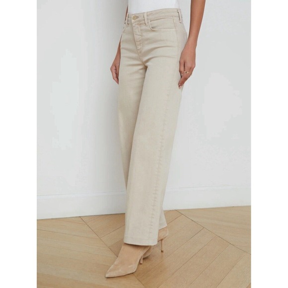 L'AGENCE Pant Jean Beige Size 25 Wide Leg Flare Frayed Hem Stretch Distressed‎ - Picture 1 of 9